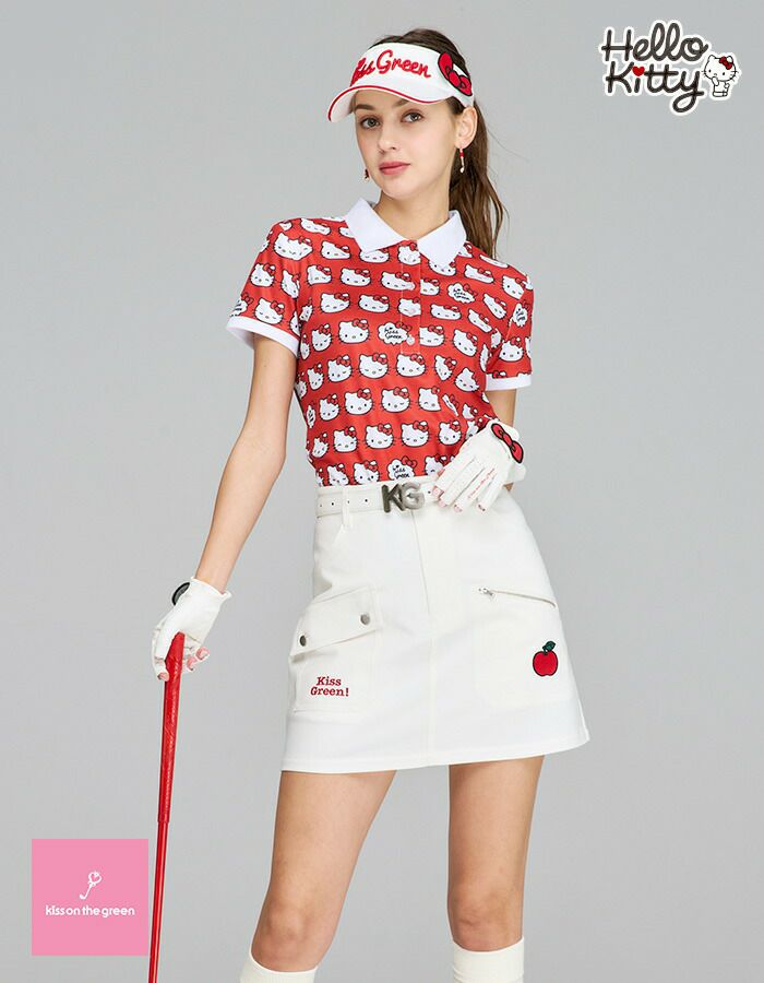 3点セットKiss Green ハローキティポロシャツショートパンツサンバイザー セール20％OFF】限定Hello Kittyコラボ☆キティちゃんリボン付きサン