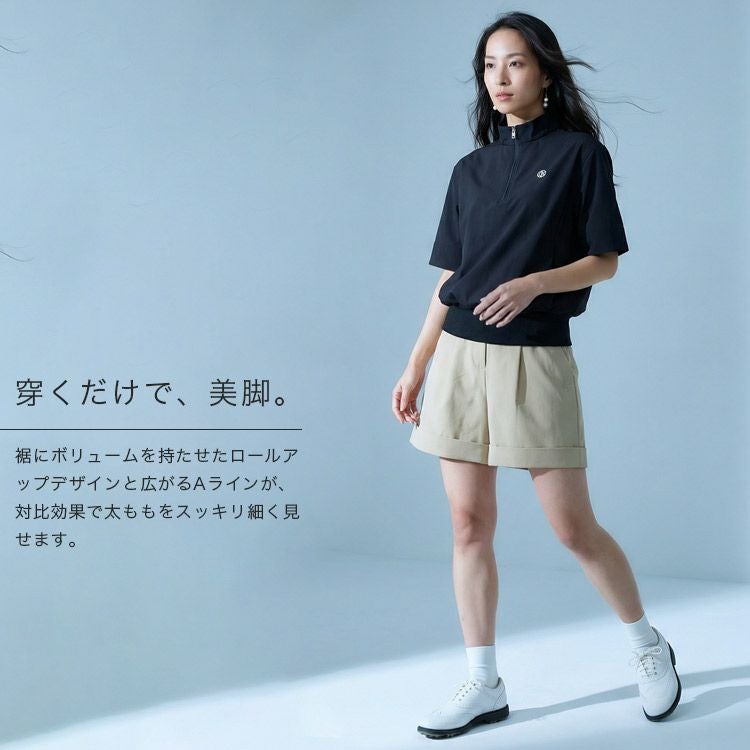 【新作/送料無料】ゴルフウェアレディース裾ロールアップショートパンツ4分丈ボトムスキュロットゴルフ膝上Aライン美脚脚長着痩せ体型カバーストレッチ伸縮Dカン付きウエストゴム上品カジュアル大きいサイズ小さいサイズSMLLL3L