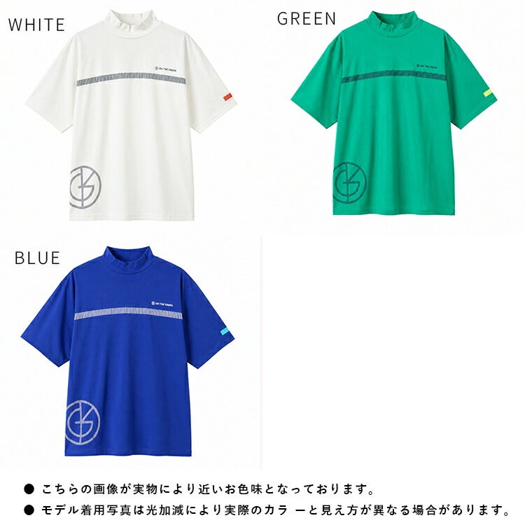 【新作・送料無料】ゴルフウェアメンズロゴプリントモックネックトップストップスストレッチ伸縮性ゴルフウェアMLLLサンドベージュグリーンネイビーキスオンザグリーン父の日