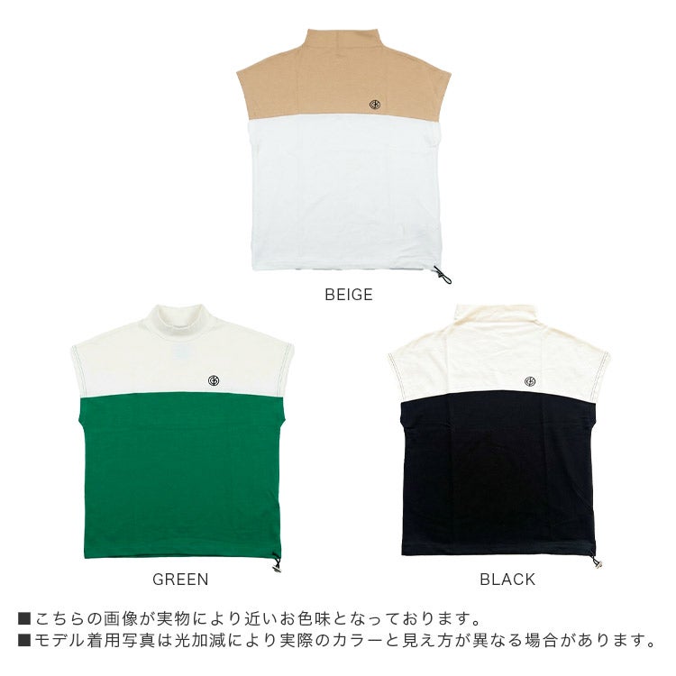 【新作/送料無料】ゴルフウェアレディースモックネック夏配色トップス半袖ハイネック裾スピンドルドローコード絞り調整4597シャツデザインカットソー体型カバーおしゃれ可愛いMLLL
