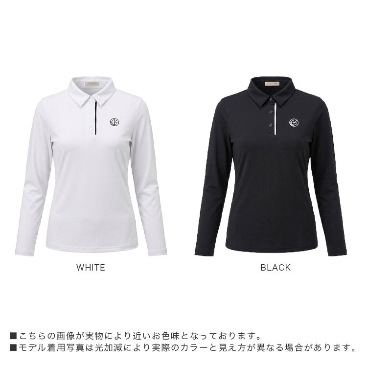 【新作/送料無料】ゴルフウェアレディース長袖ポロシャツ紫外線対策配色ライントップス/襟元配色ライン入り長袖ポロシャツ/スッキリシルエット薄手伸縮性ストレッチ快適プレー春夏秋ゴルフ女子おしゃれ大人スポーツ白黒MLr1002